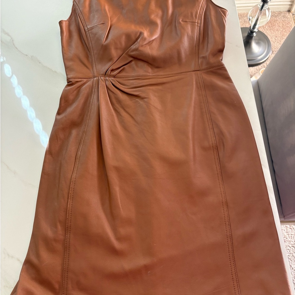 Neiman Marcus Brown real Leather Midi Dress
